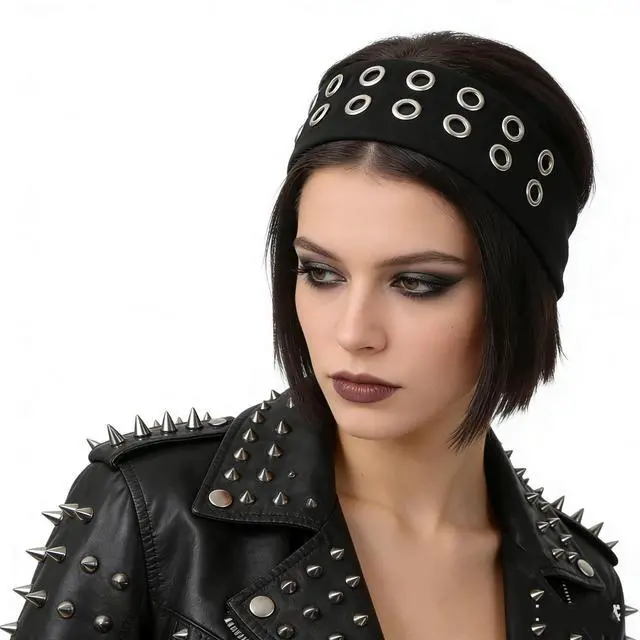 Alt view image 6 of 7 - Grommet Headband, Y2k Wide Eyelet HeadbandS, Elastic Hairband Grunge Accessories Punk Hair Accessories, Stretchy Hair band for Women (Black, Style-2)