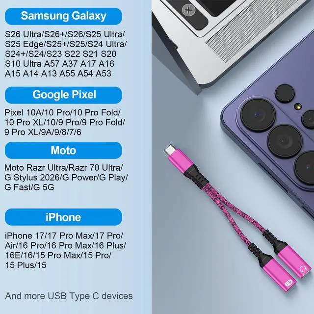 Alt view image 7 of 7 - USB C Splitter for iPhone 17 16 15 Pro Max,1 in 2 Out Type C Audio Jack