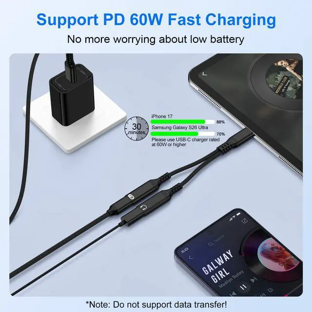 Alt view image 5 of 7 - USB C Samsung Headphone Jack Adapter & 60W Fast Charging Charger Cable Type C Splitter 1 in 2 out Cord for Samsung Galaxy S26 Ultra S26+ S26 A37 A57 S25 FE Plus S24 S23 A17 A16 A36,USB C Wired Earbuds