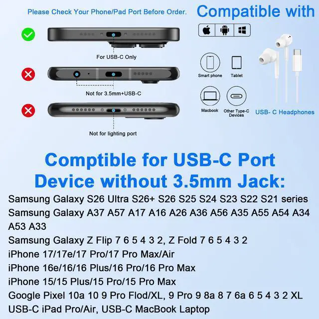 Alt view image 7 of 7 - USB C Samsung Headphone Jack Adapter & 60W Fast Charging Charger Cable Type C Splitter 1 in 2 out Cord for Samsung Galaxy S26 Ultra S26+ S26 A37 A57 S25 FE Plus S24 S23 A17 A16 A36,USB C Wired Earbuds
