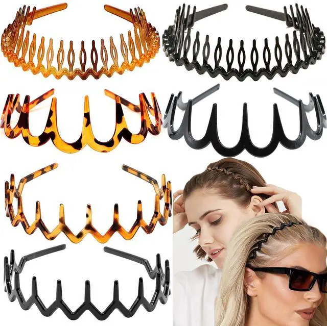 Main image of 6 PCS Zig Zag Headbands Plastic Wavy Hair Head Band Comb with Teeth Hoop Accessories for Women Men Girls, Versatile Bright Black&Retro Leopard