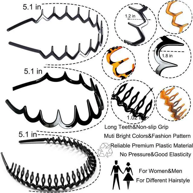 Alt view image 2 of 6 - 6 PCS Zig Zag Headbands Plastic Wavy Hair Head Band Comb with Teeth Hoop Accessories for Women Men Girls, Versatile Bright Black&Retro Leopard