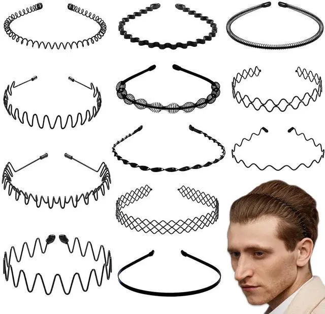 Main image of 12 Pieces Metal Headband for Men Adjustable Wavy Black Hair Band Non-slip Hair Hoop Unisex for Home, Outdoor, Sports and Yoga Accessories