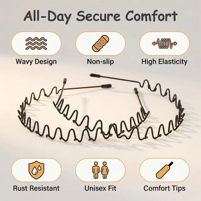 Alt view image 2 of 7 - 2pcs Metal Hair Band for Men, Wavy NonSlip Elastic Headband, RustResistant Black Metal Hair Hoop with Soft Tips, Unisex Headband for Long, Thick or Curly Hair, Sports & Daily Styling