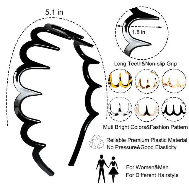 Alt view image 2 of 6 - 6 PCS Zig Zag Headbands Plastic Wavy Hair Head Band Comb with Teeth Hoop Accessories for Women Men Girls, Fashion Tortoiseshell&Amber