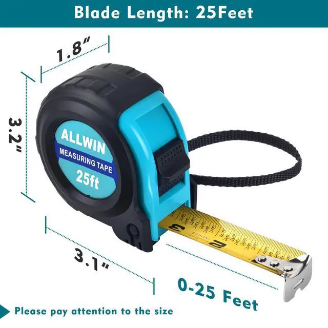 Alt view image 2 of 7 - Tape Measure 25 Ft - Metal Retractable Tape Measure with Fractions, Easy Read, 1-inch Wide X 25 Foot - Light Blue