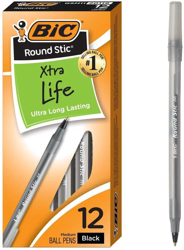 Main image of Round Stic Xtra Life Black Ballpoint Pens, 12-Count, 1.0mm Medium Point