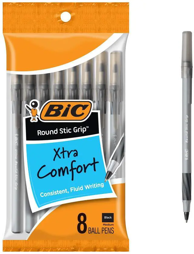 Main image of Round Stic Grip Xtra Comfort Black Ballpoint Pens, 8-Count Pack
