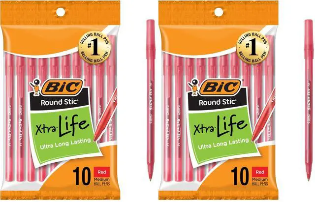 Main image of Round Stic Xtra Life Red Ballpoint_Pens, Medium Point (1.0mm) Bulk_Pens, Flexible Round Barrel for Writing Comfort, No. 1 Selling Ballpoint Pens, 10 Count (Pack of 2)