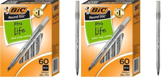 Main image of Round Stic Xtra Life Ballpoint Pens, Medium Point (1.0mm), Black, 60-Count Pack, Flexible Round Barrel For Writing Comfort (GSM609-BLK) 60 Count (Pack of 2)