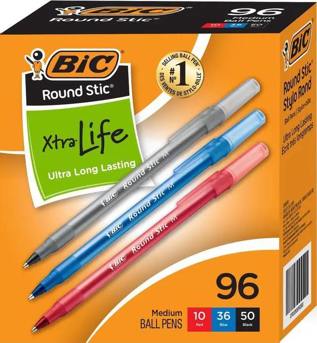 Main image of Round Stic Xtra Life Ballpoint Pens, 1mm, Black, Blue & Red, 96 Pack
