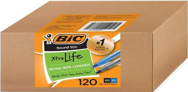 Main image of Round Stic Xtra Life Pens, 1mm, 60 Black & 60 Blue Pens, Pack of 120