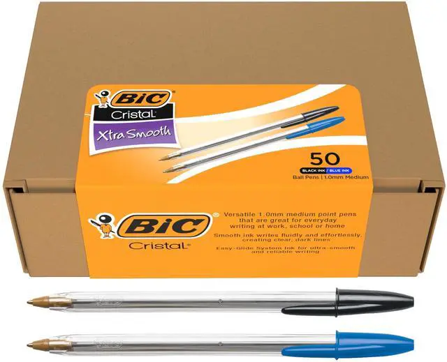 Main image of Cristal Xtra Smooth Ballpoint Pen, Medium Point 1.0 mm, Easy-Glide Ink, 50-Count Pack in Black and Blue Ink