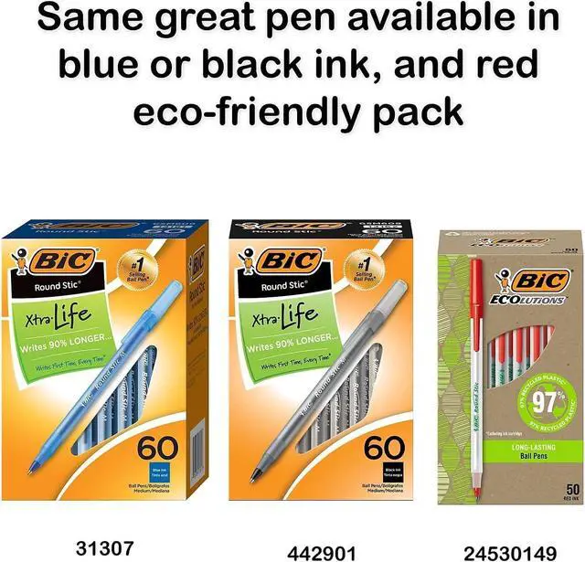 Alt view image 2 of 7 - Round Stic Xtra Life Assorted Ink Ballpoint Pens, Medium Point (1.0mm), 60-Count Pack of Bulk Pens, Flexible Round Barrel for Comfortable Writing, No. 1 Selling Ballpoint Pens (Pack of 2)
