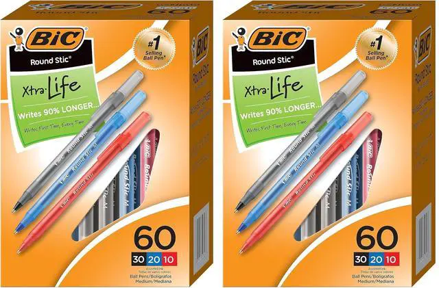 Main image of Round Stic Xtra Life Assorted Ink Ballpoint Pens, Medium Point (1.0mm), 60-Count Pack of Bulk Pens, Flexible Round Barrel for Comfortable Writing, No. 1 Selling Ballpoint Pens (Pack of 2)