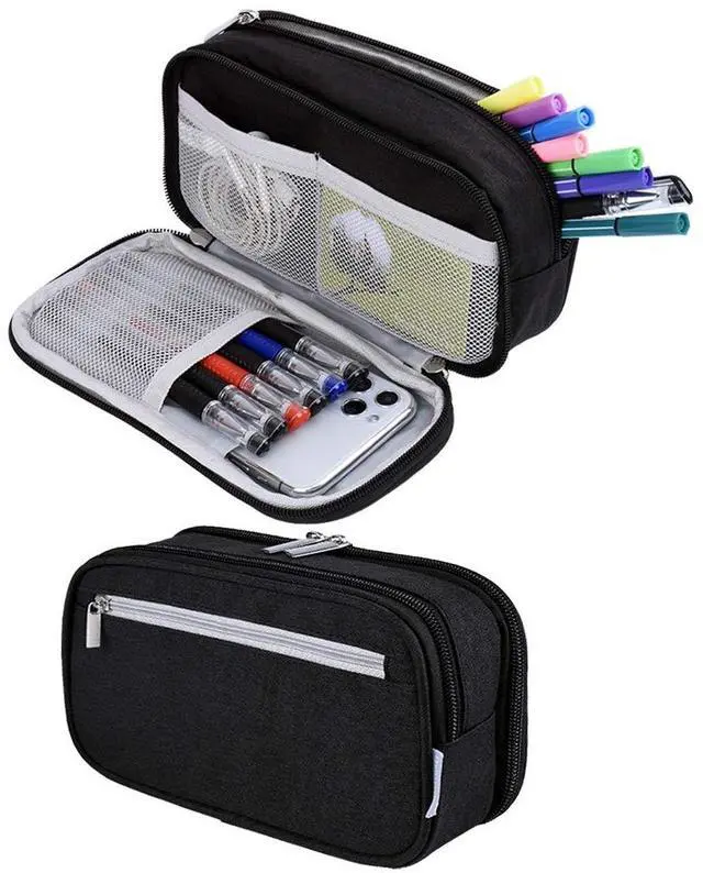 Main image of Big Pencil Case Large Capacity Pencil Bag Pouch 3 Multi Comparments High Storage Pen Holder Marker Holder Portable Office Stationery Organizer Supplies Makeup Cosmetic Bag Men Women (Black)