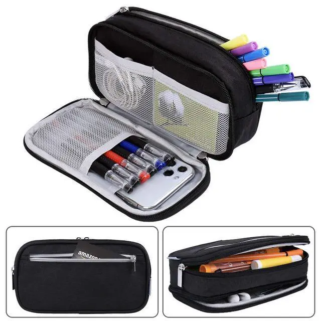 Alt view image 3 of 7 - Big Pencil Case Large Capacity Pencil Bag Pouch 3 Multi Comparments High Storage Pen Holder Marker Holder Portable Office Stationery Organizer Supplies Makeup Cosmetic Bag Men Women (Black)