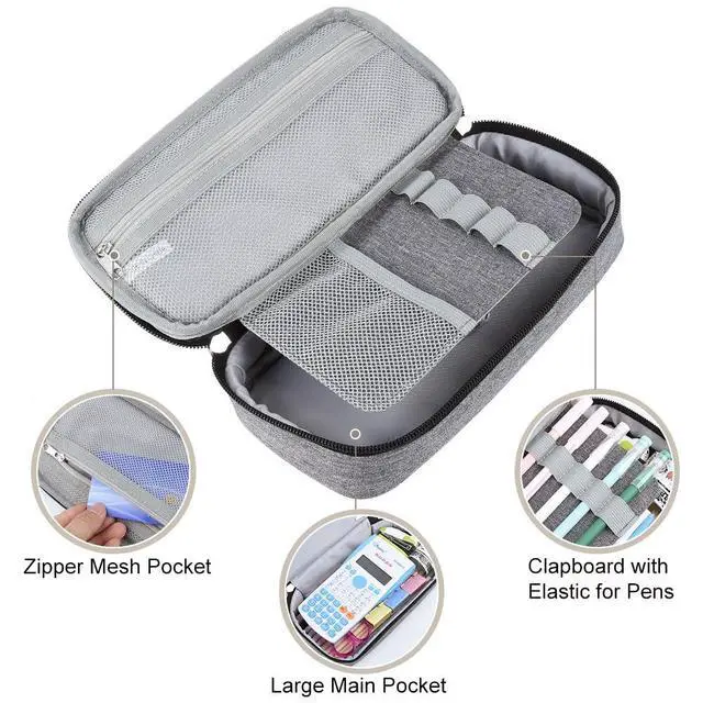 Alt view image 3 of 7 - Big Pencil Case Large Capacity Pencil Bag Pouch High Storage Pen Marker Case Holder Multi Functional Office Stationery Organizer Makeup Cosmetic Bag Men Women, Gray