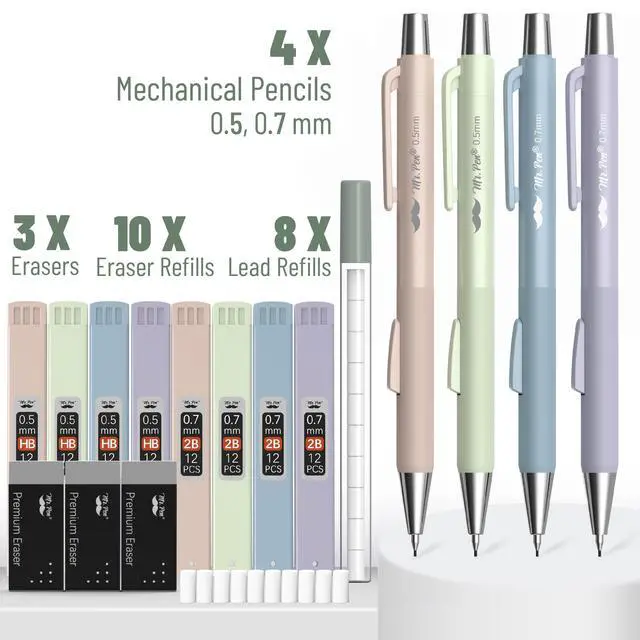 Alt view image 2 of 7 - Pastel Mechanical Pencil Set with Lead Refills & Erasers, 4 Pack
