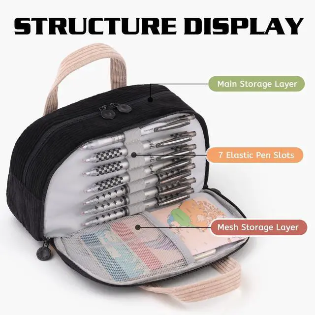 Alt view image 2 of 6 - Corduroy Hand-held Pencil Case Large Cute Pencil Pouch Stationery Pen Bag for Teen Girls-Black
