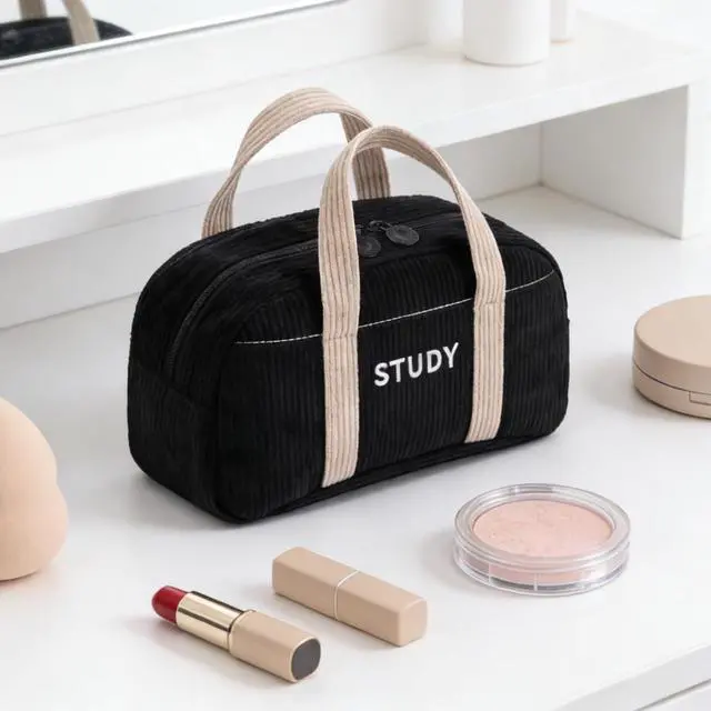 Alt view image 5 of 6 - Corduroy Hand-held Pencil Case Large Cute Pencil Pouch Stationery Pen Bag for Teen Girls-Black
