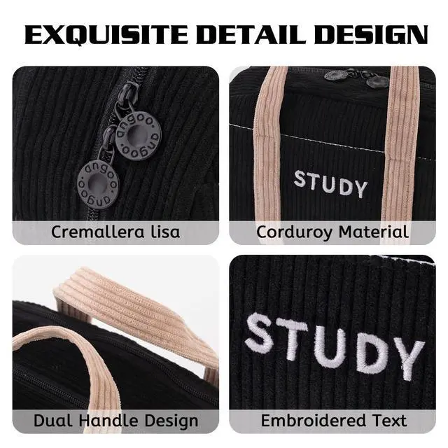 Alt view image 6 of 6 - Corduroy Hand-held Pencil Case Large Cute Pencil Pouch Stationery Pen Bag for Teen Girls-Black