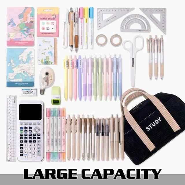 Alt view image 4 of 6 - Corduroy Hand-held Pencil Case Large Cute Pencil Pouch Stationery Pen Bag for Teen Girls-Black