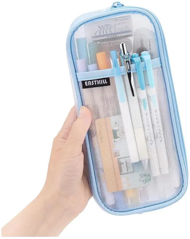 Main image of Grid Mesh Pen Pencil Case with Zipper Clear Makeup Color Pouch Cosmetics Bag Multi-Purpose Travel School Teen Girls Transparent Stationary Bag Office Organizer Box for Adluts(Blue)