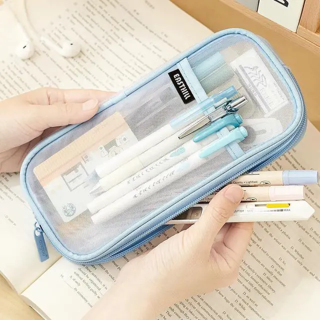 Alt view image 2 of 7 - Grid Mesh Pen Pencil Case with Zipper Clear Makeup Color Pouch Cosmetics Bag Multi-Purpose Travel School Teen Girls Transparent Stationary Bag Office Organizer Box for Adluts(Blue)