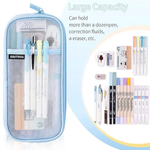 Alt view image 3 of 7 - Grid Mesh Pen Pencil Case with Zipper Clear Makeup Color Pouch Cosmetics Bag Multi-Purpose Travel School Teen Girls Transparent Stationary Bag Office Organizer Box for Adluts(Blue)