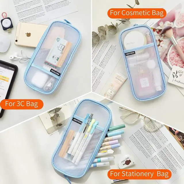 Alt view image 6 of 7 - Grid Mesh Pen Pencil Case with Zipper Clear Makeup Color Pouch Cosmetics Bag Multi-Purpose Travel School Teen Girls Transparent Stationary Bag Office Organizer Box for Adluts(Blue)
