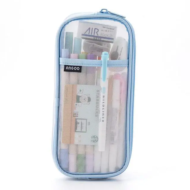 Alt view image 7 of 7 - Grid Mesh Pen Pencil Case with Zipper Clear Makeup Color Pouch Cosmetics Bag Multi-Purpose Travel School Teen Girls Transparent Stationary Bag Office Organizer Box for Adluts(Blue)