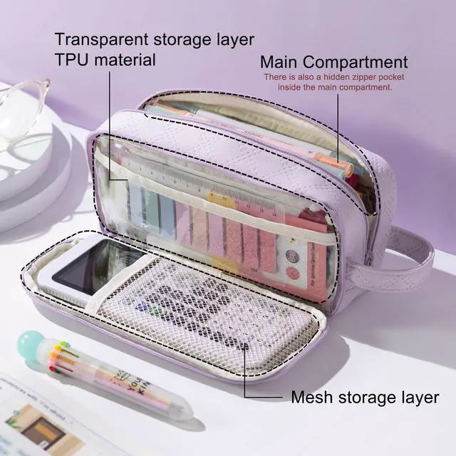 Alt view image 2 of 6 - Large Capacity Pencil Case Cute Pencil Pouch with Handle Stationery Pen Bag for Teen Girls-Purple