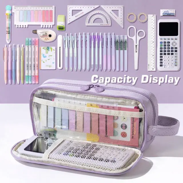 Alt view image 4 of 6 - Large Capacity Pencil Case Cute Pencil Pouch with Handle Stationery Pen Bag for Teen Girls-Purple