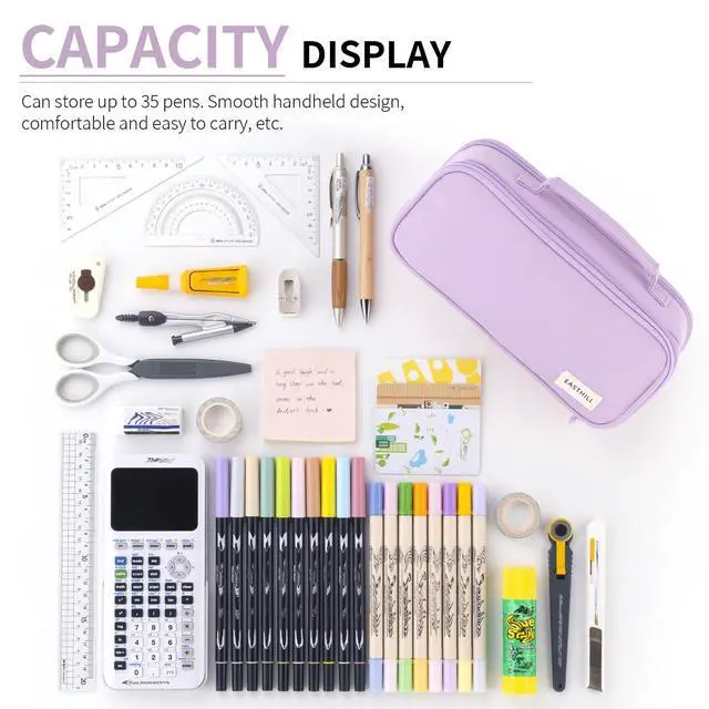 Alt view image 4 of 6 - Large Capacity Pencil Case Pen Pouch Organizer Canvas Pencil Bag with Handle School Supplies for Teen Girls-Purple
