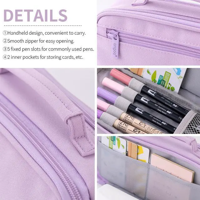 Alt view image 5 of 6 - Large Capacity Pencil Case Pen Pouch Organizer Canvas Pencil Bag with Handle School Supplies for Teen Girls-Purple