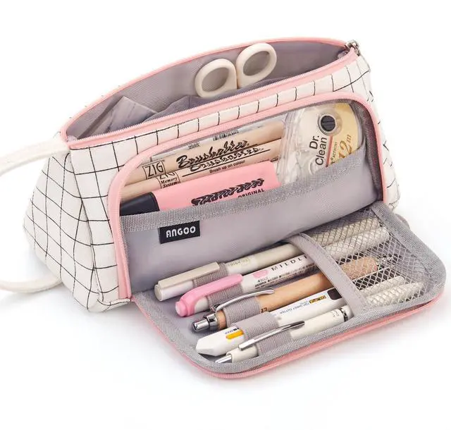Main image of Large Capacity Colored Canvas Storage Pouch Marker Pen Pencil Case Simple Stationery Bag Holder For Middle High School Office College Student Girl Women Adult Teen Gift White Plaid