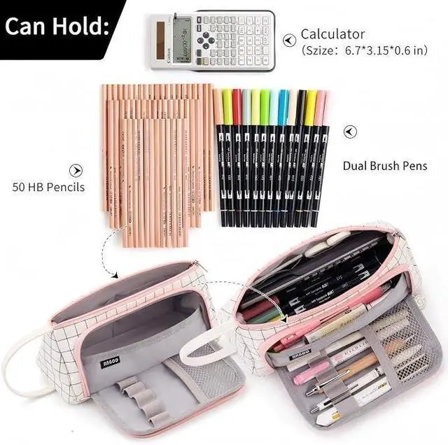 Alt view image 2 of 7 - Large Capacity Colored Canvas Storage Pouch Marker Pen Pencil Case Simple Stationery Bag Holder For Middle High School Office College Student Girl Women Adult Teen Gift White Plaid