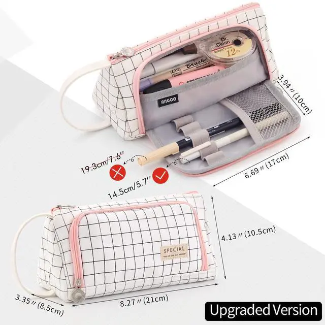 Alt view image 3 of 7 - Large Capacity Colored Canvas Storage Pouch Marker Pen Pencil Case Simple Stationery Bag Holder For Middle High School Office College Student Girl Women Adult Teen Gift White Plaid