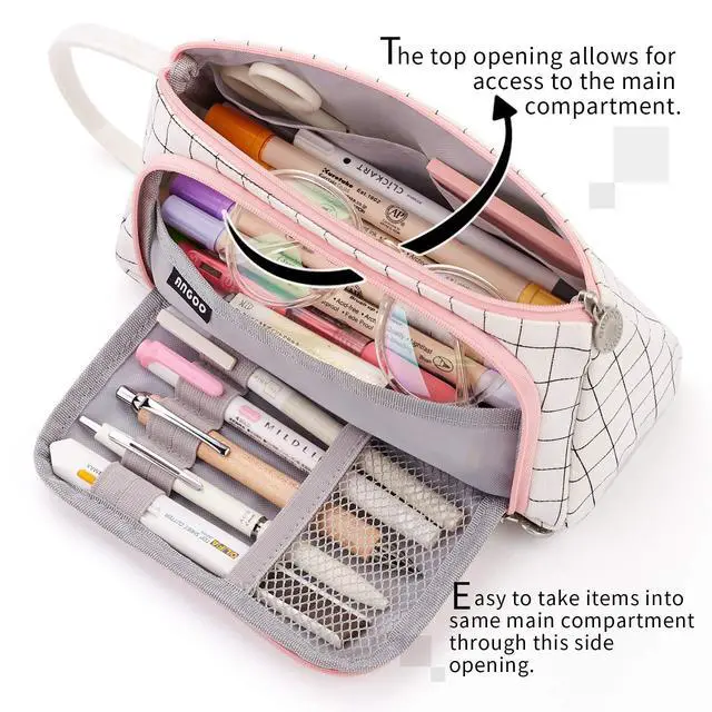 Alt view image 5 of 7 - Large Capacity Colored Canvas Storage Pouch Marker Pen Pencil Case Simple Stationery Bag Holder For Middle High School Office College Student Girl Women Adult Teen Gift White Plaid