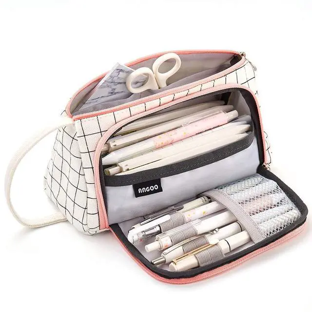 Alt view image 4 of 7 - Large Capacity Colored Canvas Storage Pouch Marker Pen Pencil Case Simple Stationery Bag Holder For Middle High School Office College Student Girl Women Adult Teen Gift White Plaid