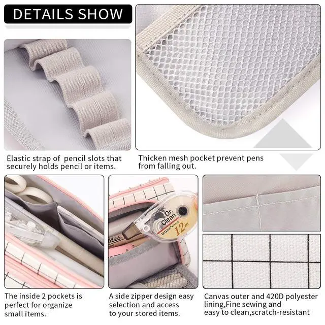 Alt view image 7 of 7 - Large Capacity Colored Canvas Storage Pouch Marker Pen Pencil Case Simple Stationery Bag Holder For Middle High School Office College Student Girl Women Adult Teen Gift White Plaid