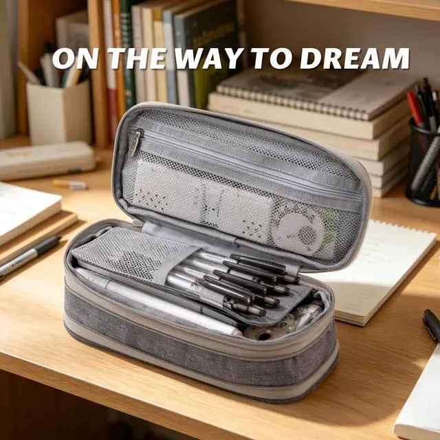 Alt view image 6 of 6 - Big Capacity Pencil Pen Case Office College School Large Storage High Capacity Bag Pouch Holder Box Organizer (Gray)