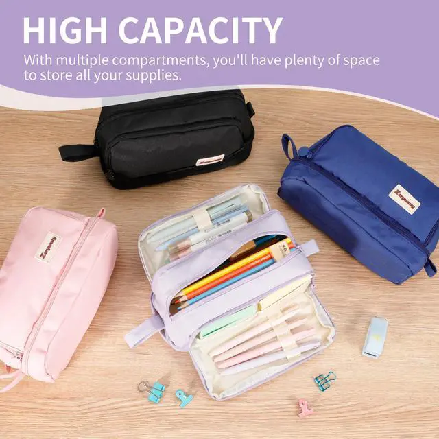 Alt view image 6 of 6 - Large Capacity Pen Pencil Case Multi-Slot Pencil Pouch Bag,Black Pencil Case Large 4 Compartments,Organizer Marker Pouch Pen for Office College School Teen Girl Boy Men Women