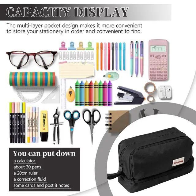 Alt view image 4 of 6 - Large Capacity Pen Pencil Case Multi-Slot Pencil Pouch Bag,Black Pencil Case Large 4 Compartments,Organizer Marker Pouch Pen for Office College School Teen Girl Boy Men Women