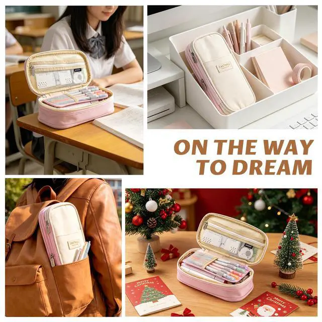 Alt view image 7 of 7 - Big Capacity Pencil Pen Case Office College School Large Storage High Capacity Bag Pouch Holder Box Organizer Blue (Pink)