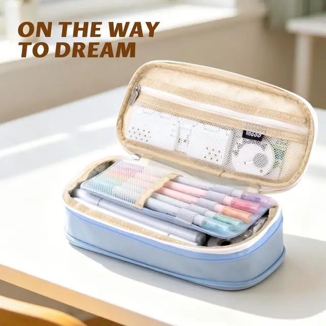 Alt view image 7 of 7 - Big Capacity Pencil Pen Case Office College School Large Storage High Capacity Bag Pouch Holder Box Organizer Light Blue