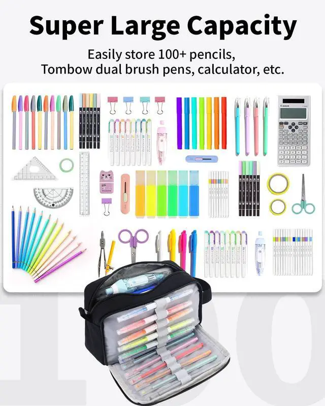Alt view image 2 of 6 - Big Capacity Pencil Case, Upgraded Canvas Pencil Pouch Large Pencil Bag Organizer, Separate Compartments Easy Grip Handle, Aesthetic Supply for School Teens Adults, Black Pen Case