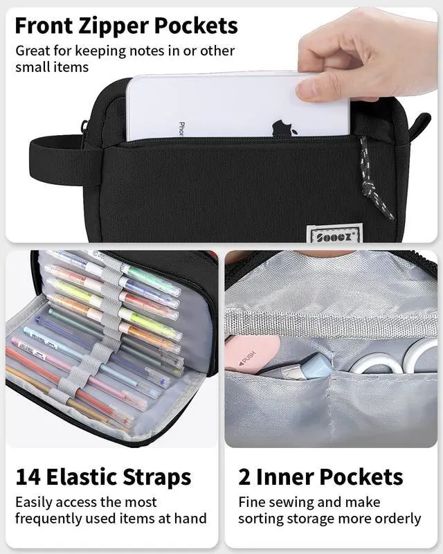Alt view image 3 of 6 - Big Capacity Pencil Case, Upgraded Canvas Pencil Pouch Large Pencil Bag Organizer, Separate Compartments Easy Grip Handle, Aesthetic Supply for School Teens Adults, Black Pen Case