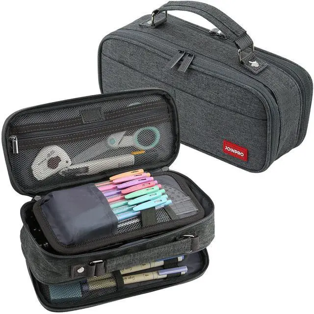 Main image of Large Capacity Pencil Case, 4 Compartment Pen Pouch Organizer with Double Zipper, Storage Bag for School, Office, Teen Girl Boy Men Women (Black Grey)